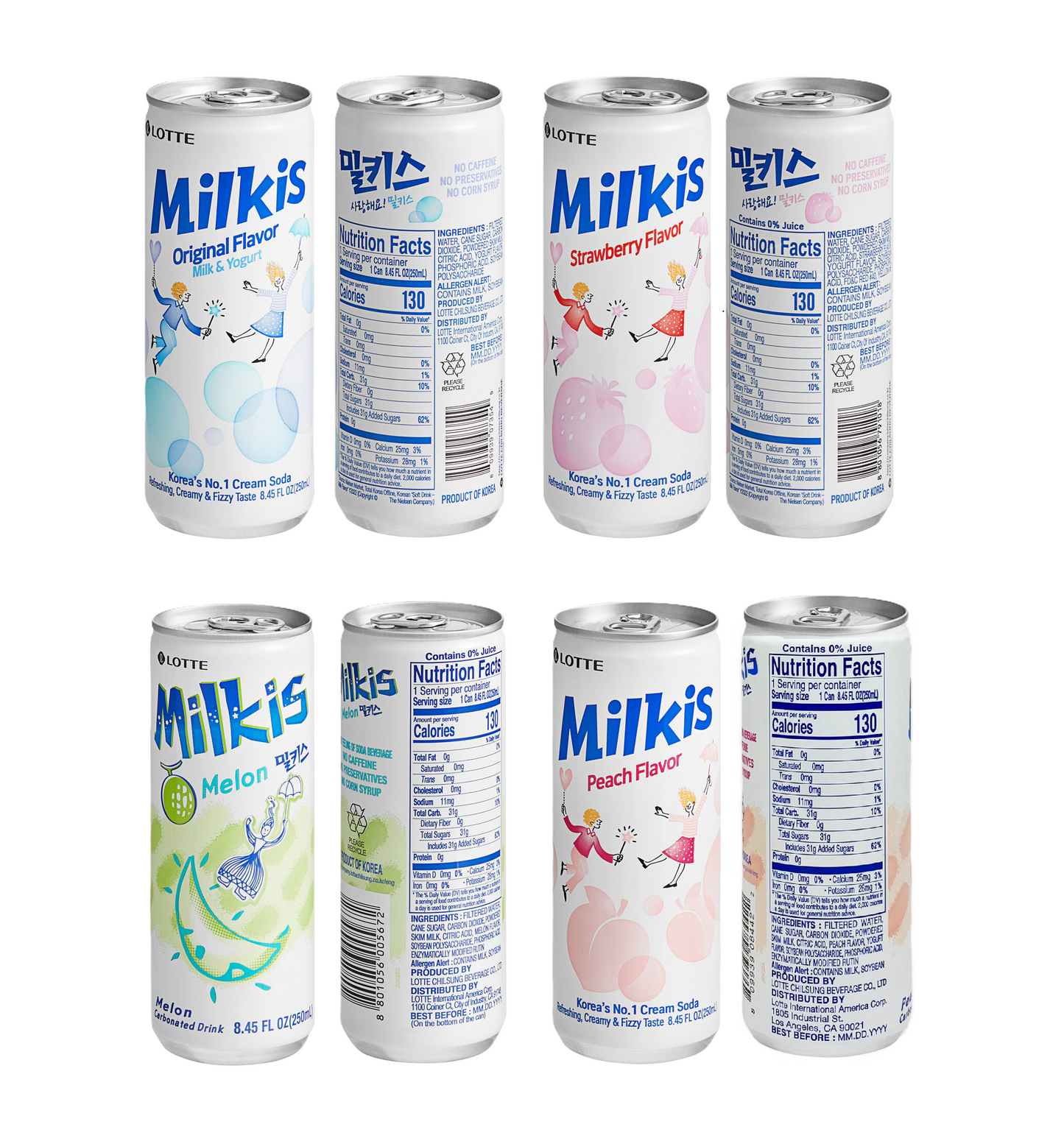 Lotte Milkis Variety 24 Pack - Original, Strawberry, Melon, Peach (6 Each)